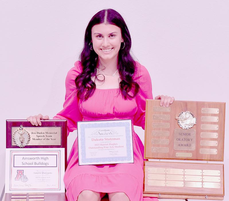 During the Fine Arts Awards Night held on Tuesday, May 2nd, 2023, Dakota Stutzman was recognized as the 2022-23 Harriett Hughes Outstanding Fine Arts Student. Stutzman also received the Jess Duden Memorial Speech Team Member of the Year Award, Senior Oratory Award and the David Streich MVP Award.