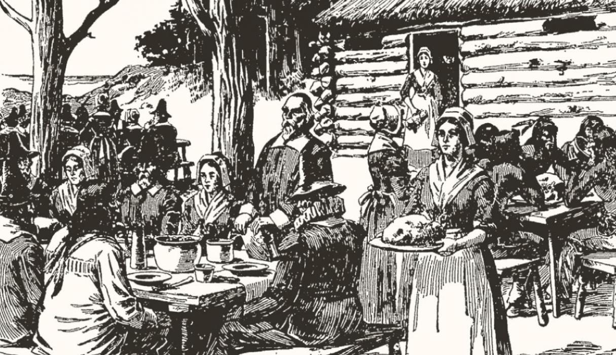 Above: a 19th-century artist’s depiction of “The First Thanksgiving in New England,” printed in the November 24, 1898 edition of the Ainsworth Star-Journal.