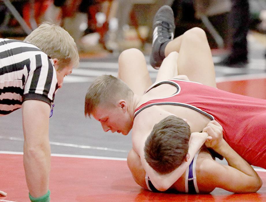 Wrestling in the 135-138 B weight class, Jacob Ortner pinned all his opponents to take first place.