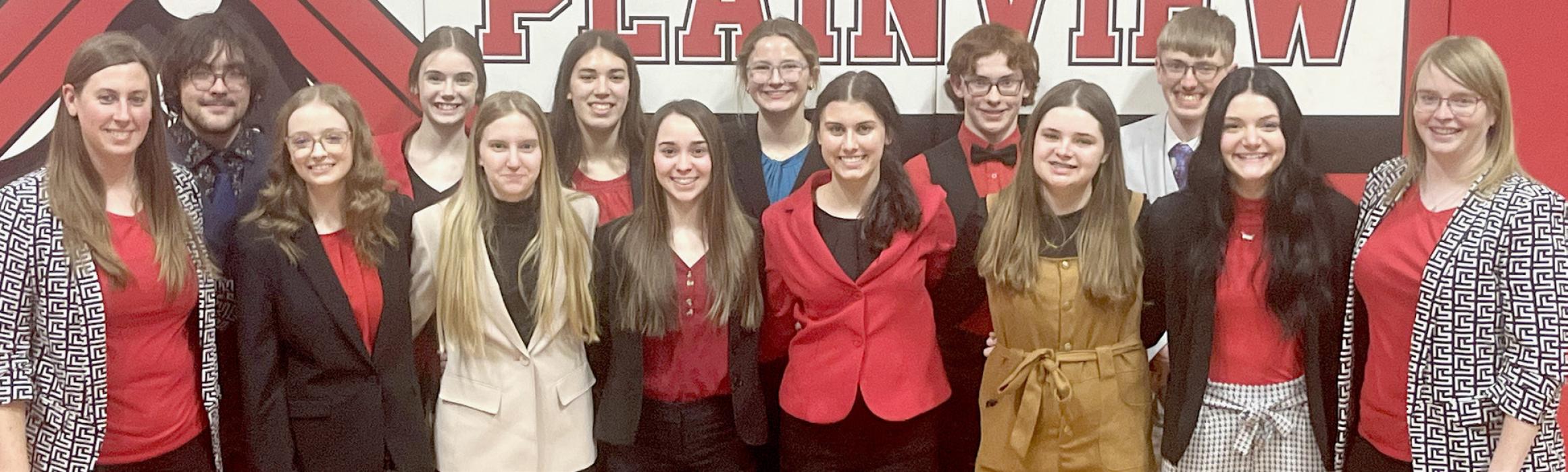 Ainsworth High School students who participated in District Speech Competition were (Front Row - Left to Right): Coach Heather Lutter, Makenna Pierce, Preselyn Goochey, Tessa Barthel, Dakota Stutzman, Hannah Beel, Brianna Starkey and Coach Tammy Hancock; (Back Row - Left to Right): Cole Bodeman, Taylor Allen, Katherine Kerrigan, Emma Kennedy, William Biltoft and Levi Goshorn.