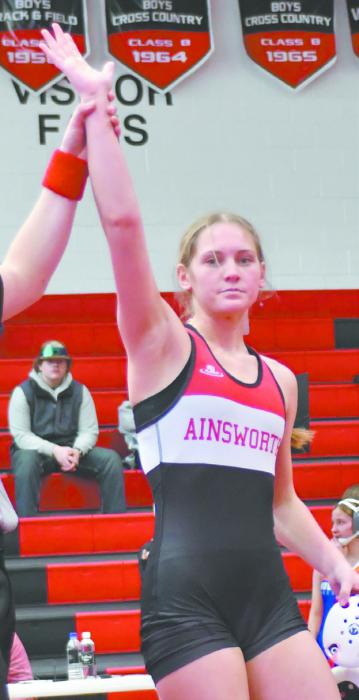 Senior Megan Jones was the first place winner of the 140 lb. weight class at the Ainsworth Invitational. Jones also captured her 100th career win.
