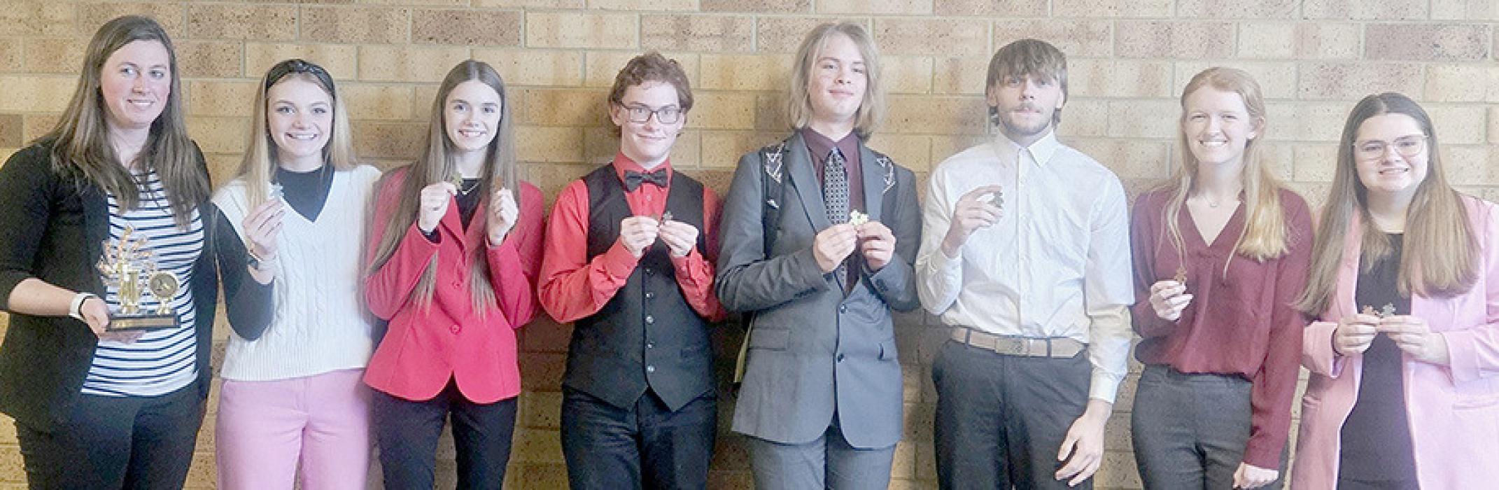 Ainsworth Speech Team takes 2nd place at Valentine Icebreaker Speech Meet. Participating for Ainsworth were (Left to Right) Head Coach Heather Lutter, Brianna Starkey, Taylor Allen, William Biltoft, Erick Hitchcock, Owen Blumenstock, Terra Shoemaker and Hannah Beel.