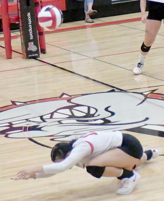 (Above) Dakota Stutzman goes after the ball hitting it back towards the net to keep the ball in play. (Left) Juniors Karli Kral and Kendyl Delimont teamup with senior Saylen Young to make every attempt to get the ball back over to the Knight side. The Bulldogs had a lot of good team work throughout the entire three sets.