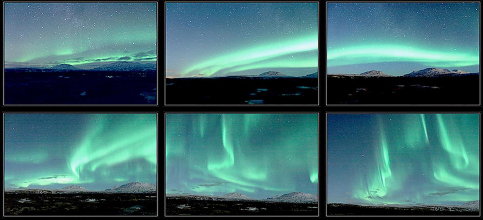 A sampling of some of the various patterns created by aurora, as seen from Iceland in 2014. The top row photos were barely visible to the unaided eye and were exposed for 20- 30 seconds; in contrast, the bottom row photos were exposed for just 4 seconds- and were clearly visible to the photographer, Wikimedia contributor Shnuffel2022. License and source: CC BY-SA 4.0 https://commons.wikimedia.org/wiki/File:Aurora_shapes.jpg