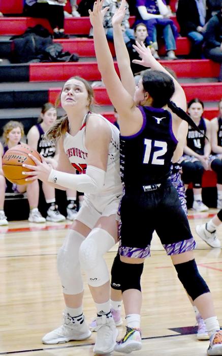 Karli Kral looks for a shot under the basket against Burwell’s Cora Gideon. Kral had seven rebounds and two points against Burwell.