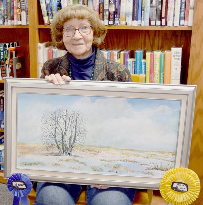 Cindy Bower with her Best of Show acrylic, “Rossenbach Ranch.”