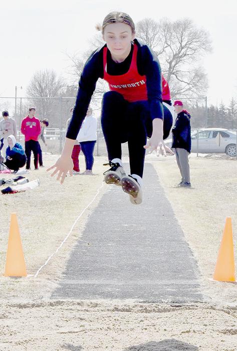 Cameryn Goochey jumped 15’ 1” to take first place in the Girls Long Jump. Kaitlyn Inbody jumped 14’ 2.5” for third place and Preselyn Goochey took sixth place with 13’ 1.5” giving the Ainsworth Girls Team first place in the relay with a score of 42’ 5”.