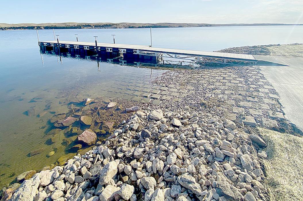 The recently completed boating access project at Willow Lake B.C. Wildlife Management Area in Brown County shows the new articulated concrete mat ramp, dock and other upgrades. (Nebraska Game and Parks Commission)