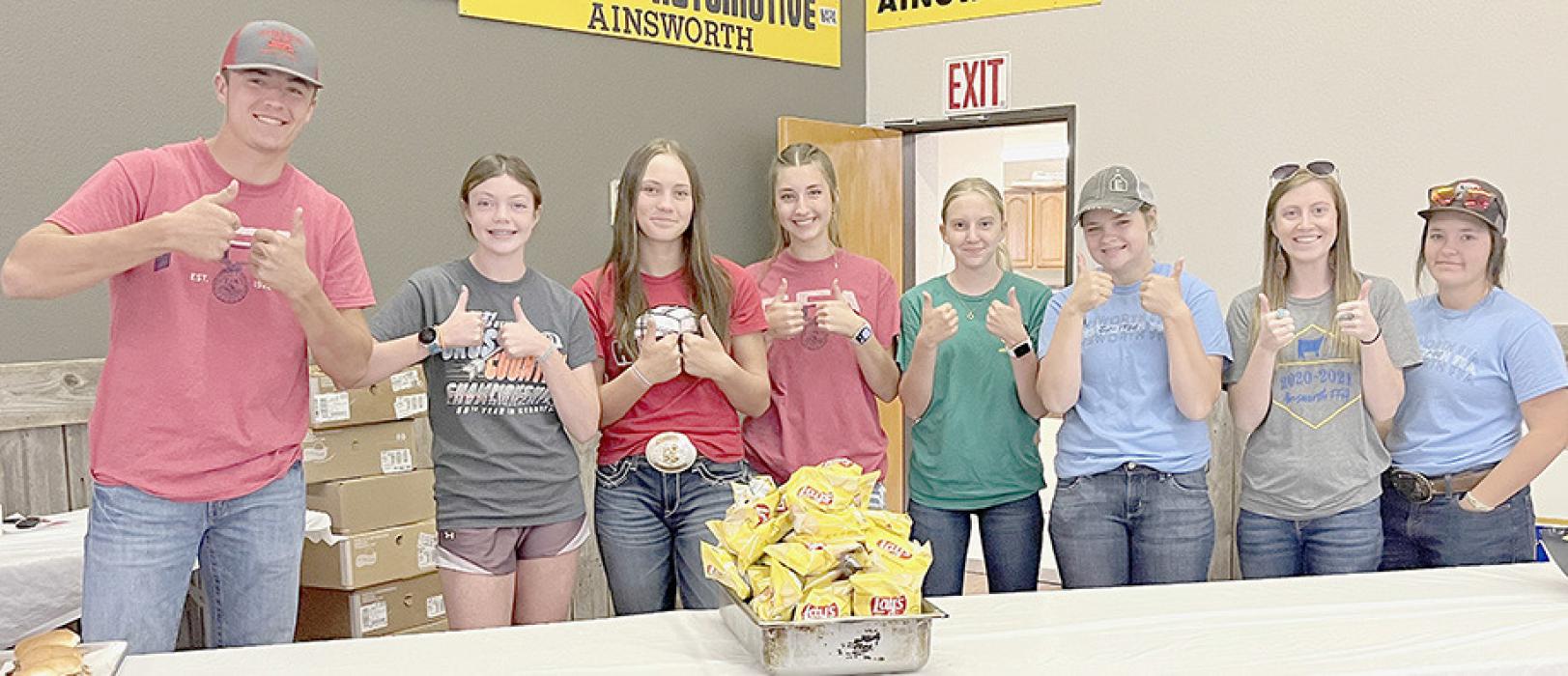 FFA members volunteered to serve the Brown County Ag Society’s Pork Feed at the Brown County Fair. Volunteers included (left to right) Trey Appelt, Payton Moody, Megan Jones, Lauren Ortner, Preselyn Goochey, Hannah Beel, Tatum Nickless and Gracie Kinney.