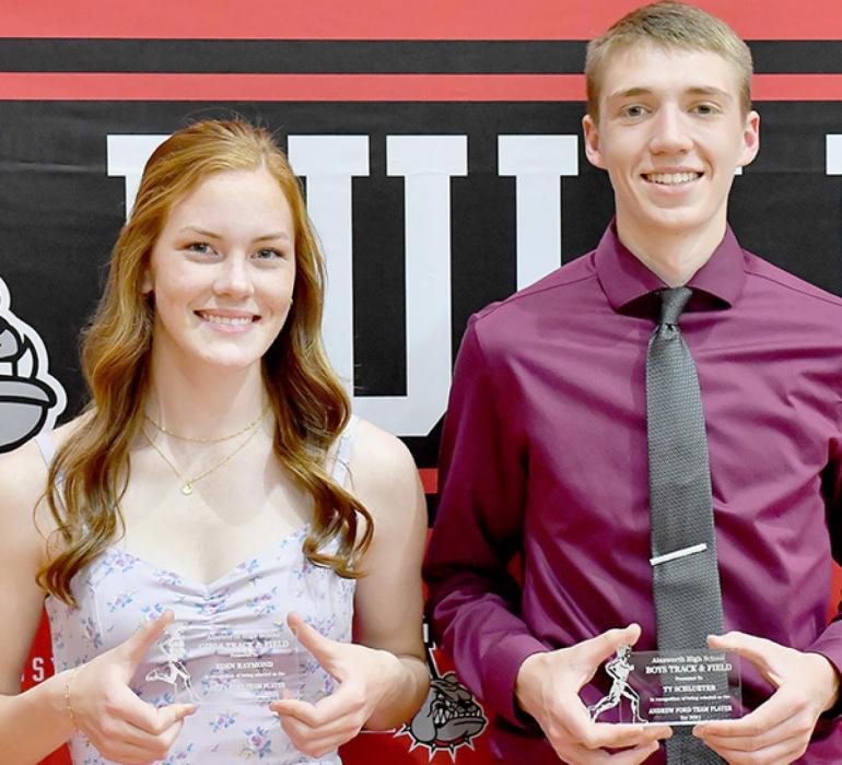 Track athletes Eden Raymond and Ty Schlueter received the 2021 Ashley and Andrew Ford Team Player Awards.