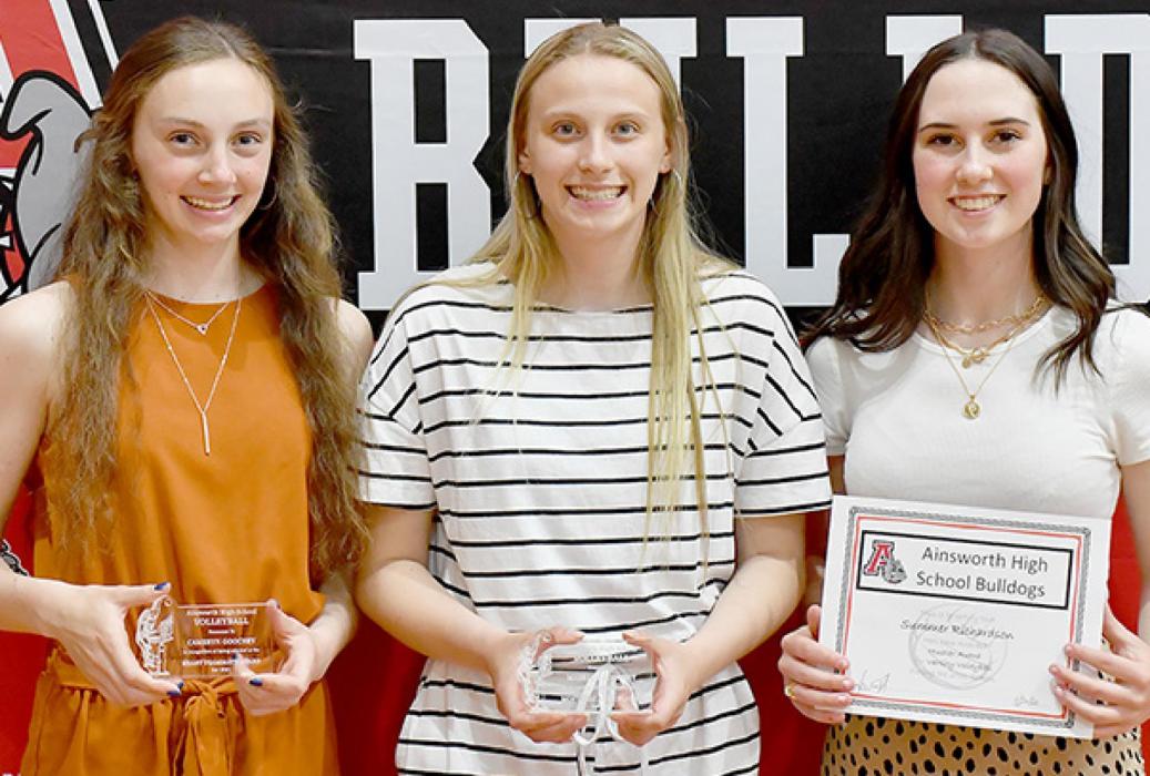 Volleyball awards went to (Left to Right): Cameryn Goochey, who won the Heart Teammate Award, Madelyn Goochey, who was the MVP, and Summer Richardson, who won the Hustle Award. Not pictured was the Most Improved Player, Braxton Fletcher.