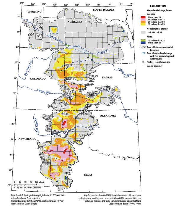 Percentage change in the water-containing thickness of the Ogallala Aquifer, from predevelopment (about 1950) to 2017. Aquifer depths have fallen precipitously in large swaths in Kansas, Oklahoma and Texas in the past seven decades. They have also dropped in southwest Nebraska. Map excerpted from the 2017 High Plains Water-Level Monitoring Study, U.S. Geological Survey