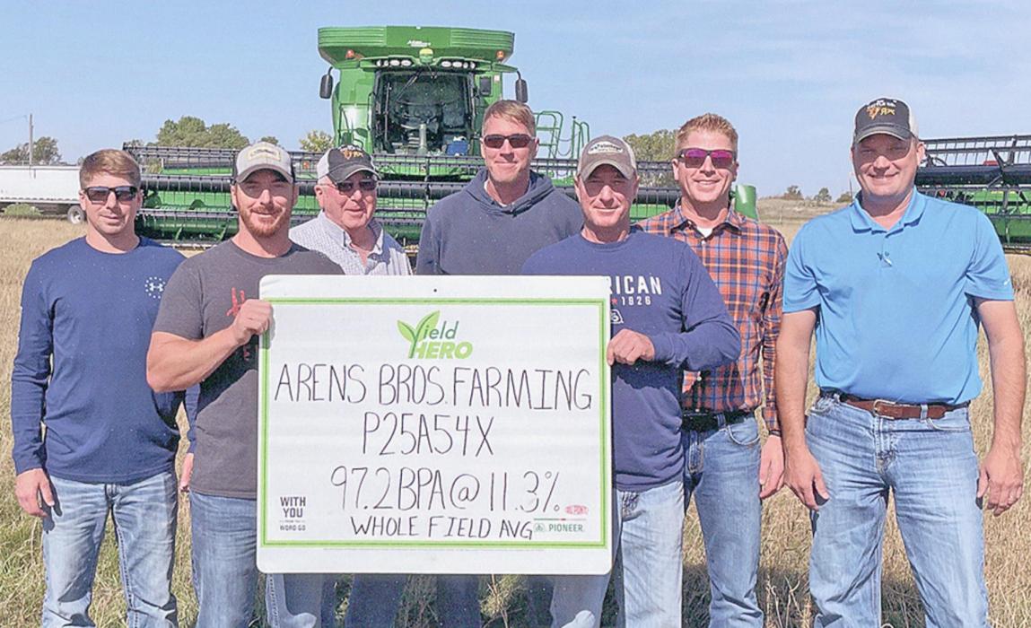 Jim Arens has been farming in the Brown County area for over 50 years, and many of his and his wife Joani’s ten children now lead lives intertwined with agriculture as well. Several of those involved in the family venture of Arens Bros. Farming, RK Cattle Company and GroVantage are pictured above: (Left to Right): Will Arens, Don Arens, Jim Arens, Brad Arens, Brian Arens, Tom Arens and Ryan Ortner. Photos Credit: Arens Family