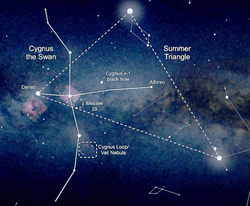 Look up after sunset during summer months to find Cygnus! Along the swan’s neck find the band of our Milky Way Galaxy. Use a telescope to resolve the colorful stars of Albireo or search out the open cluster of stars in Messier 29. Image created with assistance from Stellarium: stellarium.org