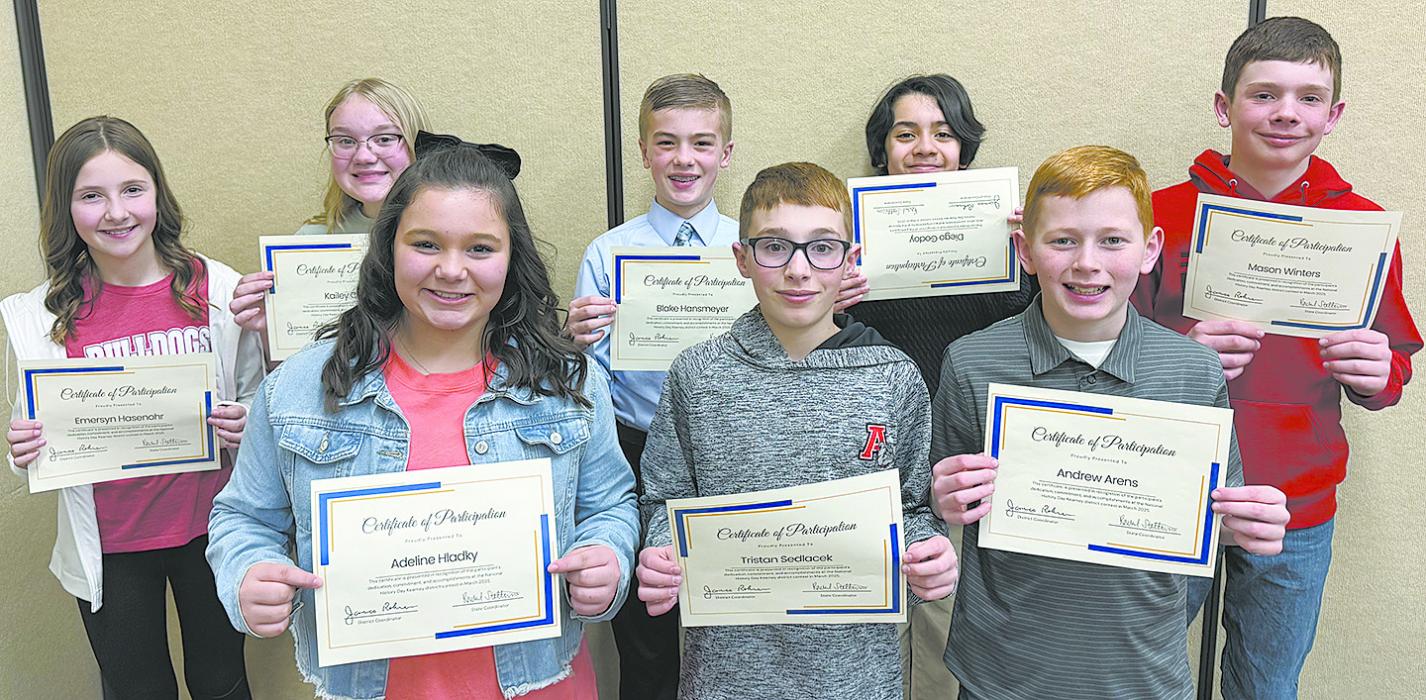 Eight Ainsworth Middle School students competed in Kearney. Back row (left - right): Emersyn Hasenohr, Kailey Cook, Blake Hansmeyer, Diego Godoy, and Mason Winters. Front row (left - right): Adeline Hladky, Tristan Sedlacek, and Andrew Arens.