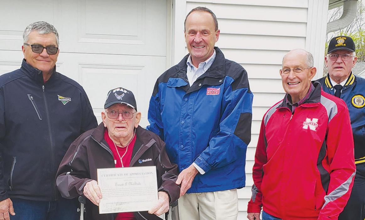 Veteran of the Month – Ernest McBride was named the June Veteran of the Month. On hand were (Left to Right) Commissioner Michael Dux, Ernest McBride, Commissioner Mark Schoenrock and Commissioner Gale Pohlmann. Photo by Gordon Hopkins, Fairbury Journal-News