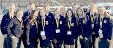 Ainsworth FFA members attended the 2022 National FFA Convention in Indianapolis, IN. Members who attended workshops, sessions, career and college fairs and interacted with members from across the country included: (back row - left to right) Mason Painter, Tyrin Daniels, Kaitlyn Sease, Rowan LeMunyan, Zaily Daniels, Terra Shoemaker; (front row - left to right) Gracie Kinney, Jakelynn Minor, Christina Fernau, Tatum Nickless, Terrin Barthel, Makenzy Cheatum and Grace Goodwin.