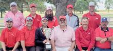 Ainsworth golfers retain the Border Cup by tying Bassett golfers in the annual event 12 1/2 to 12 1/2. Ainsworth team members were (back row left to right) Tony Allen, Joel Klammer, Robert Magill, Kyle Jackman, Kirk Peterson; (front row left to right) Logan Leach, Kevin Martin, Cody Goochey, Graig Kinzie, Doug Weiss and Todd Kicken.