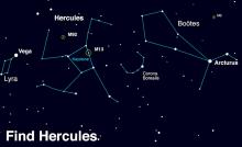 Look up after sunset during summer months to find Hercules! Scan between Vega and Arcturus, near the distinct pattern of Corona Borealis. Once you find its stars, use binoculars or a telescope to hunt down the globular clusters M13 and M92. If you enjoy your views of these globular clusters, you’re in luck - look for another great globular, M3, in the nearby constellation of Boötes. Image created with assistance from Stellarium: stellarium.org