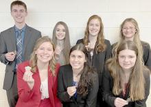 Ainsworth Speech Team brought home medals from the Valentine Icebreaker Speech Meet. Medalists included: (Front Row - Left to Right): Alyssa Erthum, Dakota Stutzman and Hannah Beel; (Back Row - Left to Right): Ben Flynn, Taylor Allen, Eden Raymond and Emma Kennedy. Not pictured are Libby Wilkins and Gavin Olinger.