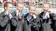 The 4x800 Meter Relay Team of (left to right) Katherine Kerrigan, Kendyl Delimont, Cheyan Temple and Emma Kennedy, brought home eighth place. This was only the second time the girls had competed in a 4x800 Relay race.