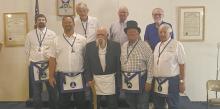 Silver Cord Lodge #224 Ancient Free and Accepted Mason presented Worshipful Brother Mike Hitchcock with the Bronze Jordan Medal on August 29th. This award is given to the Master Mason who has been a member in good standing for the longest time. Mike Hitchcock has been a Master Mason since January, 1964. Front row (left - right): Luke Hitchcock, Mike Hitchcock, Joe McBride and Terry Foxworthy. Back row: Thad Carr, Evan Evans, Mike Baxter and Don Coash.
