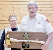 Eldon Sylvester was presented a 50 Years of Service Award to the Ainsworth Fire Department. Pictured with Eldon is his wife, Eileen Sylvester, who supported him all during his career as a volunteer fireman. Sylvester is also the only surviving charter member of the Brown County Ambulance Association.