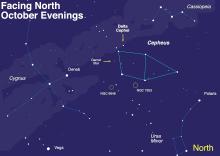 The stars of Cepheus are visible all year round for many in the Northern Hemisphere, but fall months offer some of the best views of this circumpolar constellation to warmly- dressed observers. Just look northwards! Image created with assistance from Stellarium: stellarium.org.