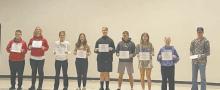 Ainsworth One-Act Play Festival outstanding performers were (left - right): William Biltoft, Erick Hitchcock, Willa Flynn, Addilyn Doke, Kristofer Hitchcock, Zaine Evans, Jaylee Good, Kiley Orton and Jacob Ortner.