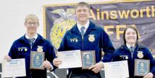96th Nebraska State FFA Convention State finalists were (Left to Right) Aiden Jackman in Fiber and Oil Crop Production, Trey Appelt in Outdoor Recreation and Gracie Kinney in Veterinary Science.