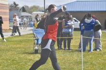 Freshman Addilyn Doke throws the shot put at the Buffalo Bill Invite. Doke threw the shot put 29-2, just 8 inches short of her personal best. She also competed in the 100 meter hurdles (24th place) and triple jump (18th place).