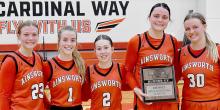 Five Ainsworth Lady Bulldog seniors end their high school basketball career with a Class C2 District Runner-Up trophy. The seniors are (Left to Right) Kendyl Delimont, Cheyan Temple, Breanna Fernau, Karli Kral and Jocelyn Good.