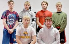 The 2021-22 Boys Bulldog Wrestling team includes: (Front Row - Left to Right): Landon Holloway and Jensen Williams; (Back Row - Left to Right): George Cady, Aidan Jackman, Owen Blumenstock and Mason Painter. Athletes not pictured are Tyrin Daniels and Riggin Blumenstock.