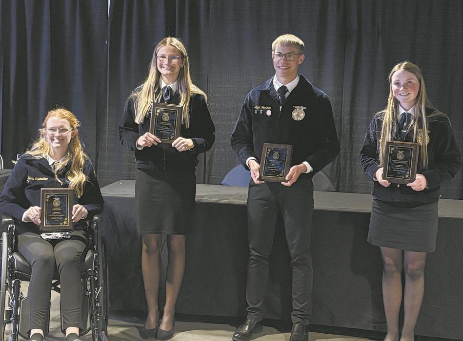 Proficiency Results (left to right): Terra Shoemaker - Third Place in Nursery Operations, Emma Kennedy - Third Place in Health and Human Services, Aiden Jackman - State Champion in Fiber and Oil Production, Kenley Welke - State Runner-up in Wildlife Management.