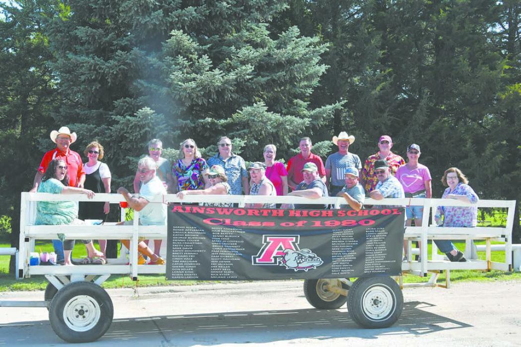 Class of 1980 back row (left - right): Bret Younkin, Cindy (Quinn) Ehle, Sherri (Jones) Hiser, Julie (Broekemeier) Moore, Steve Moore, Shirley (Schenck) Schnakenburg, Rick Kyser, Benny Burdick, Russ Crawford, Melanie (Louis) Martin. Front row: Tonya (Mertz) Luther, Jeff Fredrickson, Tracy (Moore) Noel, Karen (Larsen) Clay, Bob Beatty, Steve Salzman, Rod Nelson, and Sarah (Allen) Hnatov. 