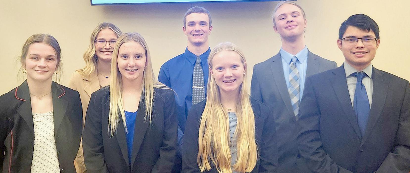 Congratulations to the Ainsworth High School State Mock Trial Qualifying Team. Members include (Left to Right): Londyn Dunbar, Preselyn Goochey, Kiley Orton and Colby Beegle; (Back Row - Left to Right): Emma Kennedy, Logan Schroedl and Erick Hitchcock.