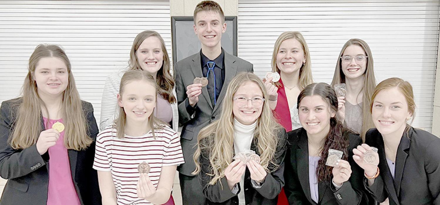 Bringing home medals from the Blue and Gold Speech Meet in North Platte were: (Front Row - Left to Right): Hannah Beel, Makenna Pierce, Emma Kennedy, Dakota Stutzman and Eden Raymond; (Back Row - Left to Right): Libby Wilkins, Ben Flynn, Alyssa Erthum and Taylor Allen. Not pictured was Maren Arens.