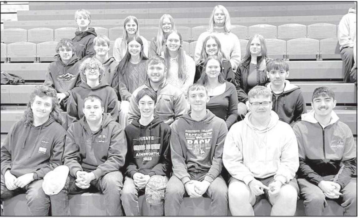 Students competing at the NECC Scholastics competition were back row (L to R): Kristofer Hitchcock, Jaylee Good, Tinley Buechle and Erick Hitchcock. Third row: Kaden Evans, Sam Titus, Payton Moody, Megan Jones, Gracyn Sisson and Addison Held. Second row: Jace Johnson, Witten Painter, Puridy Haley and Skylar Flageolle. Front row: Aiden Rowley, Branden Freudenburg, Ryan Kerrigan, Ben Clingman, David Cook and Braeyden Ziemba.