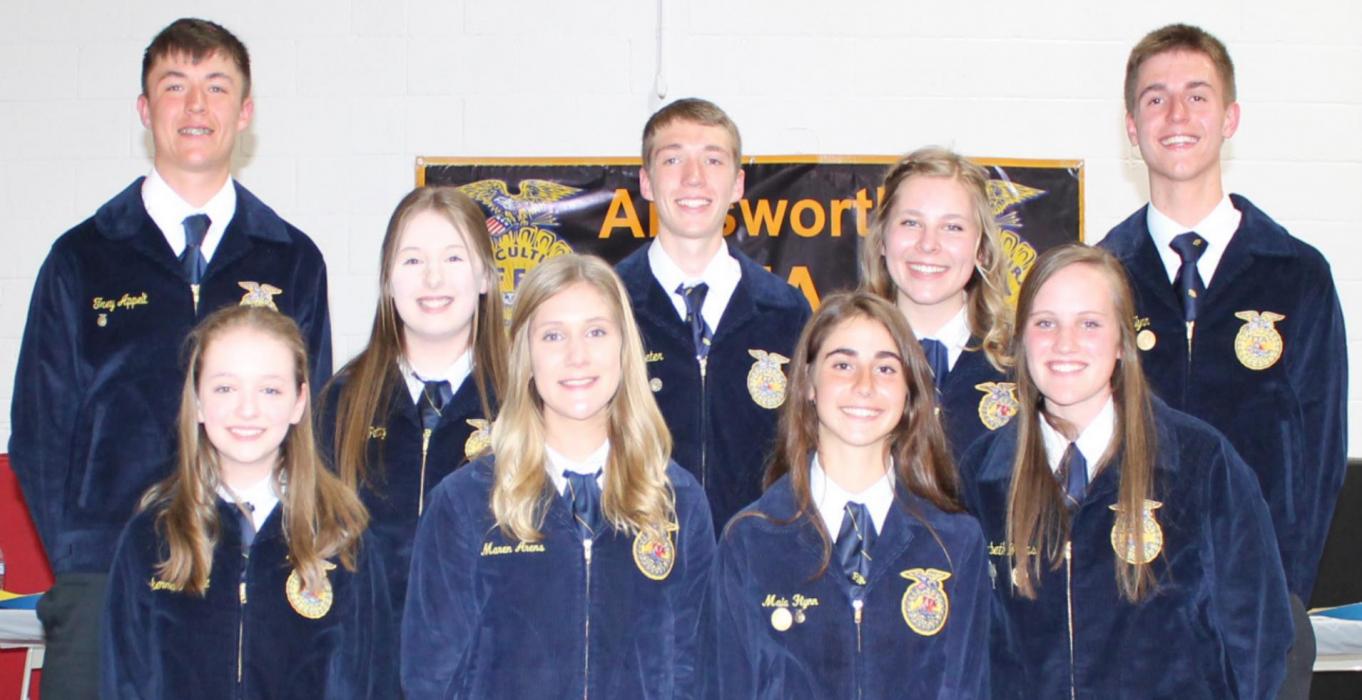 Elected to serve as the 2021-2022 Ainsworth FFA Chapter Officers were (Front Row - Left to Right): Historian - Makenna Pierce, Treasurer - Maren Arens, Parliamentarian - Maia Flynn and President - Libby Wilkins; (Middle Row - Left to Right): Jr. Advisor - Gracie Petty and Secretary - Alyssa Erthum; (Back Row - Left to Right): Sentinel - Trey Appelt, Vice President - Ty Schlueter and Reporter - Ben Flynn. They were elected on April 26, 2021 at the Annual FFA Banquet.