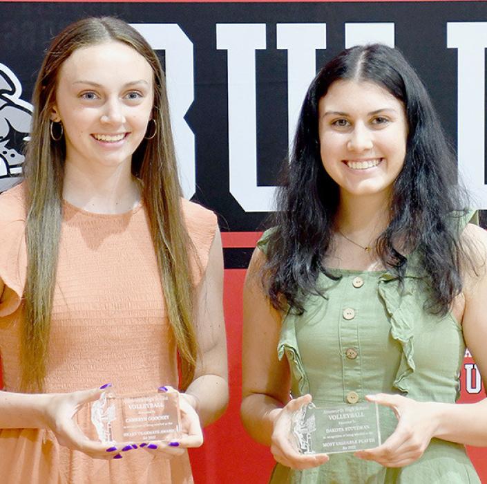 Volleyball awards were presented by Coach Jeri Graff. Cameryn Goochey (left) received the Heart Award and Dakota Stutzman (right) received the MVP Award.