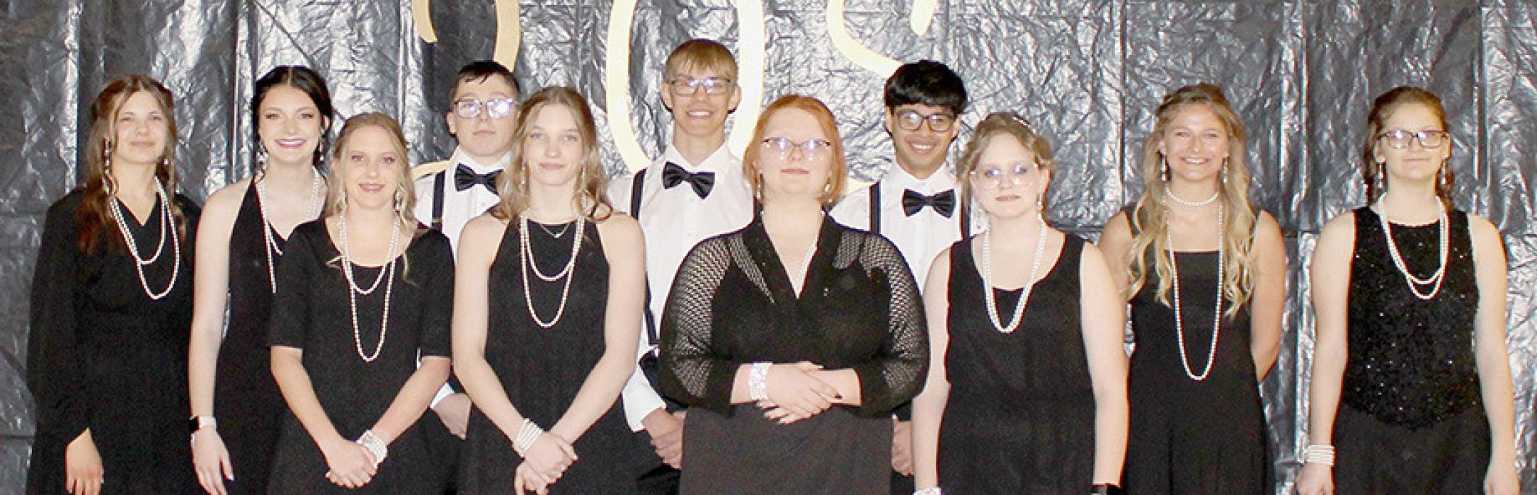 A total of eleven sophomores were elected to serve the upperclassmen at the prom banquet. This year’s prom servers were (Front Row - Left to Right): Preselyn Goochey, Jolyn Pozehl, Ella McLeod, Abigail Burton; (Back Row - Left to Right): Miah Ortner, Brianna Starkey, Ryan Salzman, Aiden Jackman, Angel Ajin, Emma Kennedy and Abigail Paulson.