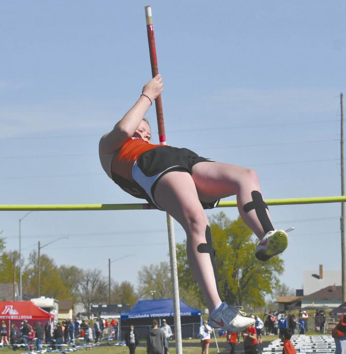 Freshman Tinley Buechle placed second in pole vault at the NVC Meet. Buechle vaulted 7-0, tying her personal record.