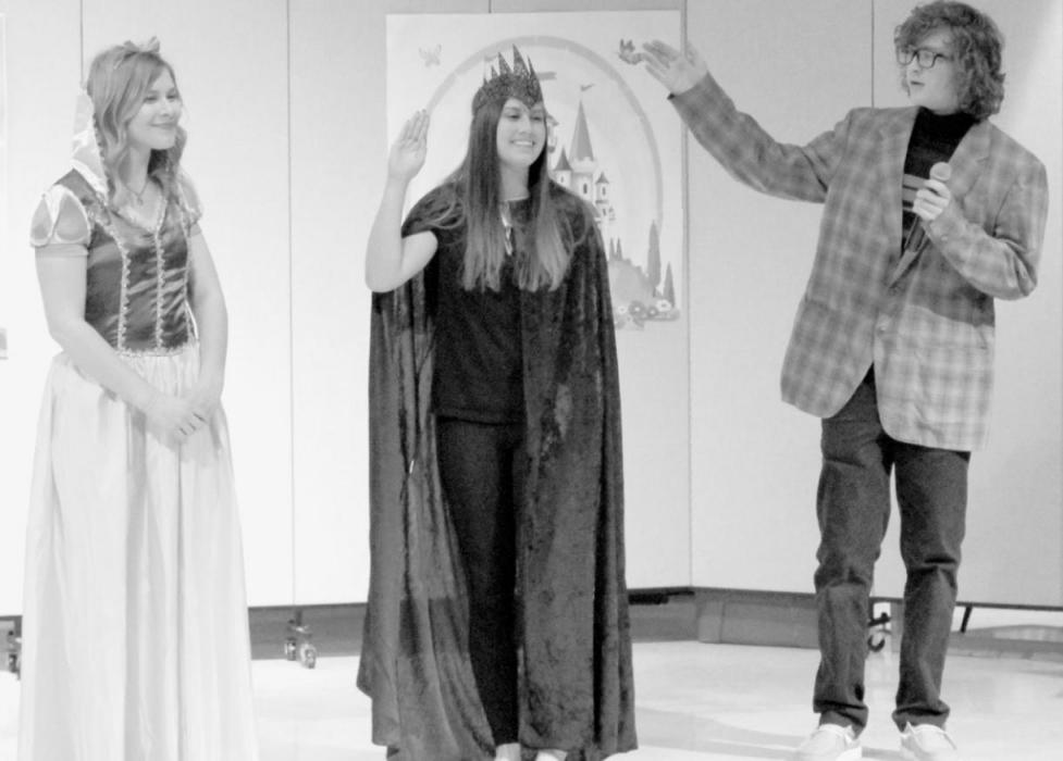 Characters in the play included (Left to Right): Alyssa Erthum as Snow White, Dakota Stutzman as the Evil Queen and Mason Titus as the Announcer.