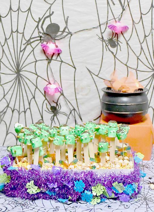 Frankenstien marshmallows treats along with cupcakes, popcorn balls, fruit, weiner wraps, carmel corn plus much more was enjoyed by the moms and sons at the dance.