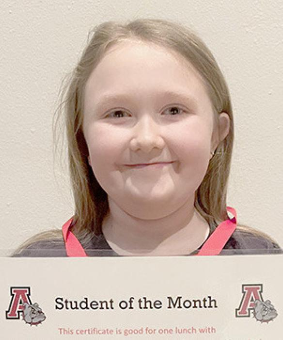 Sophia Schroedl 3rd Grade - Sophia has been working very hard to be a kind student. She has learned to accept help as well as give assistance to her classmates. Sophia always completes her work in a neat and timely fashion. She participates in class. She does ALL the optional homework!