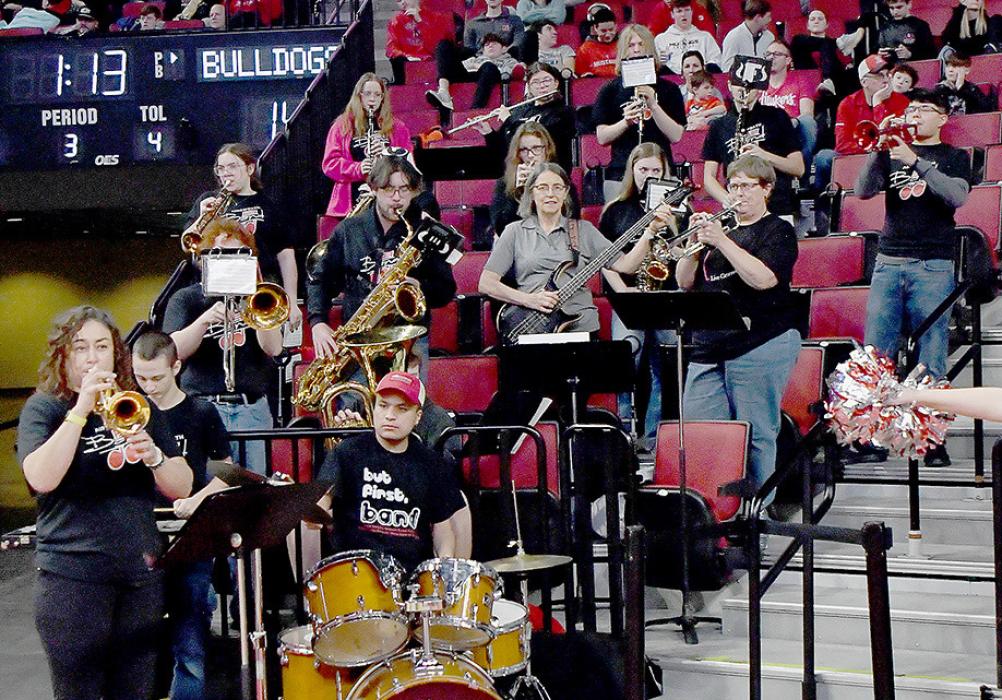 The Ainsworth High School Band performed during the 2024 Boys State Basketball Tournament. The band played during all three basketball games of the Ainsworth Bulldogs.