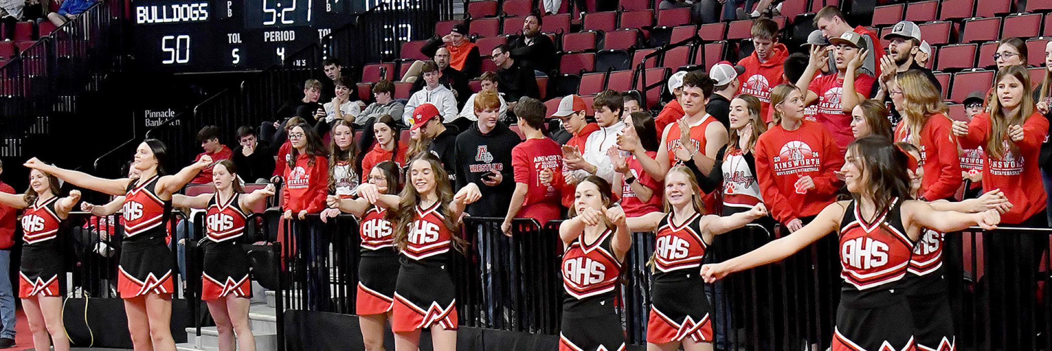 The Ainsworth Bulldog Cheerleaders led the AHS student body in cheers through all three days of the State Basketball Tournament.