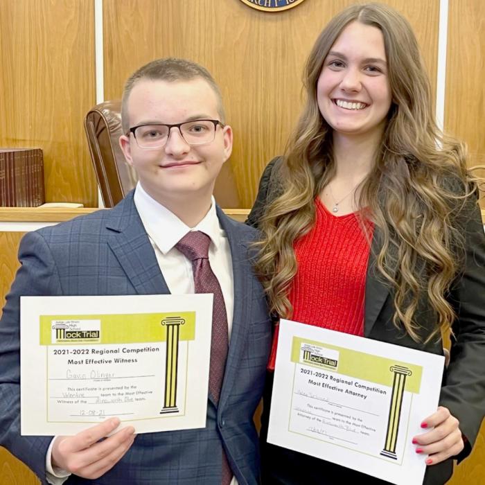 Receiving an Outstanding Witness Award and an Outstanding Attorney Award, respectively were: (Left to Right): Gavin Olinger and Haley Schroedl. Gavin Olinger portrayed Dr. William Hunter as a witness, and Haley Schroedl directed Dr. William Hunter and cross-examined Allison Hayes. She also performed pretrial matters.
