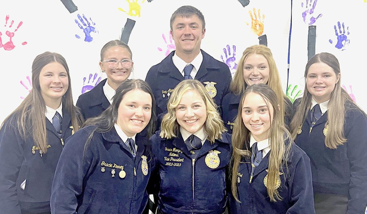 Ainsworth FFA Officers met and interacted with a National FFA Officer. Pictured are (Back Row-Left to Right): Miah Ortner, Emma Kennedy, Trey Appelt, Brianna Starkey, and Hannah Beel; (Front Row-Left to Right): Gracie Kinney, Eastern Region Vice President Gracie Murphy and Tessa Barthel.