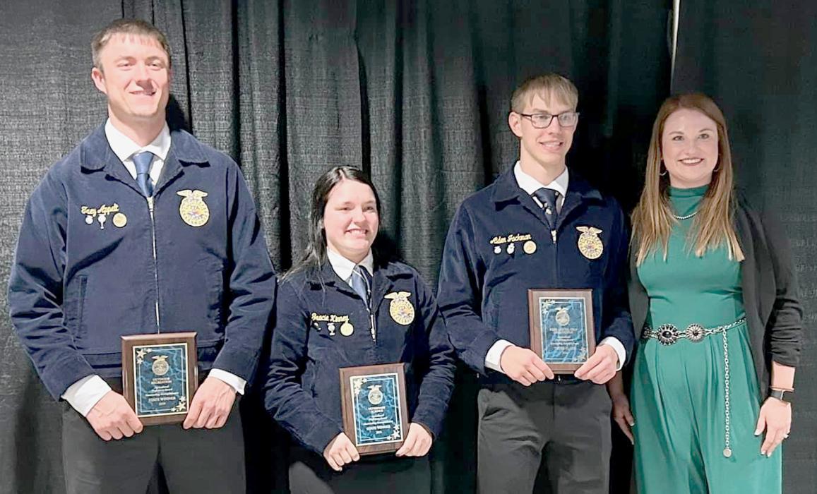 Ainsworth FFA Proficiency Finalists Award winners recognized for their Supervised Agricultural Experience (SAE) programs were (left to right): Trey Appelt - Outdoor Recreation State Champion, Gracie Kinney - Veterinary Science State Champion, Aiden Jackman - 3rd place finalist in Fiber and Oil Crop Production are with their FFA Advisor Emily Jackman.